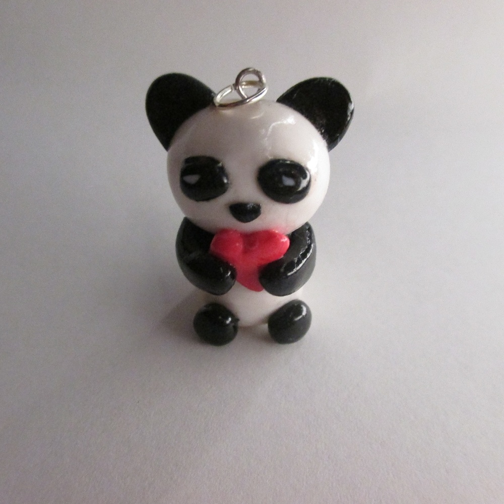 Handmade Polymer Clay Panda with Heart Charm